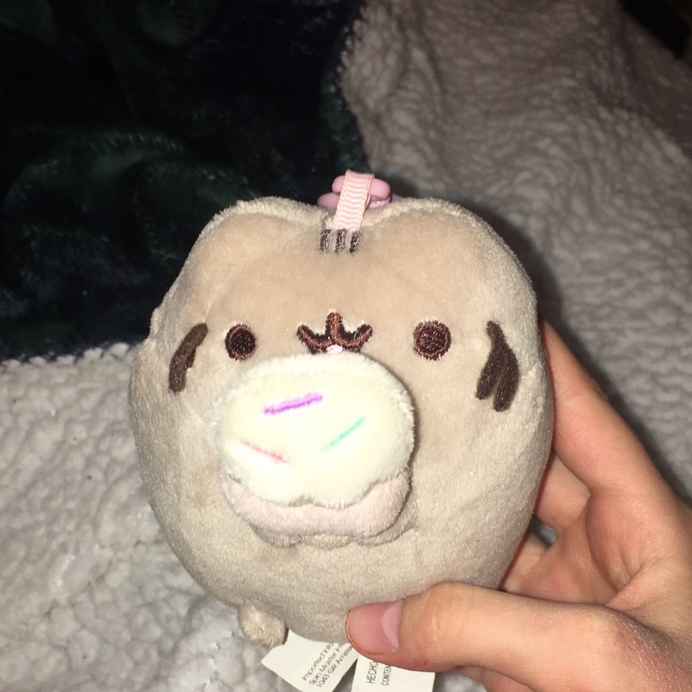 Pusheen keychain stuffed animal holding ice cream cone with tail so kawaii.